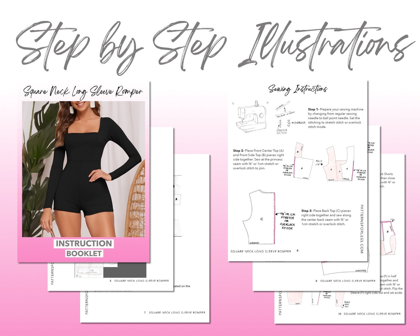 Square Neck Long Sleeve Romper sewing pattern step by step illustrations.