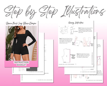 Square Neck Long Sleeve Romper sewing pattern step by step illustrations.