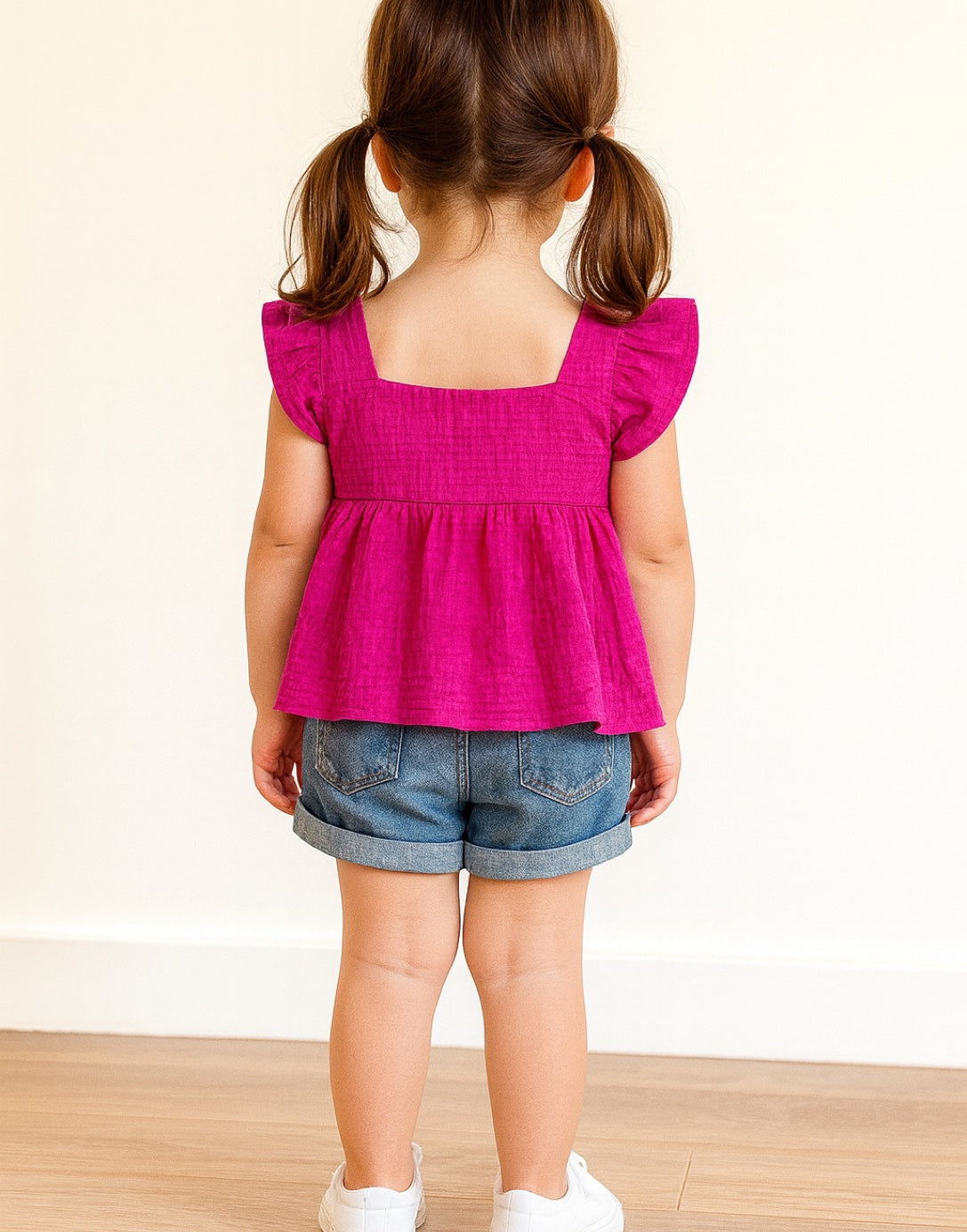 Back view of child wearing a pink Square Neck Peplum Top and denim shorts on a plain background
