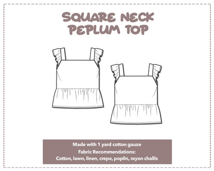 Illustration and detailed description for Square Neck Short Sleeve Peplum Top sewing pattern.