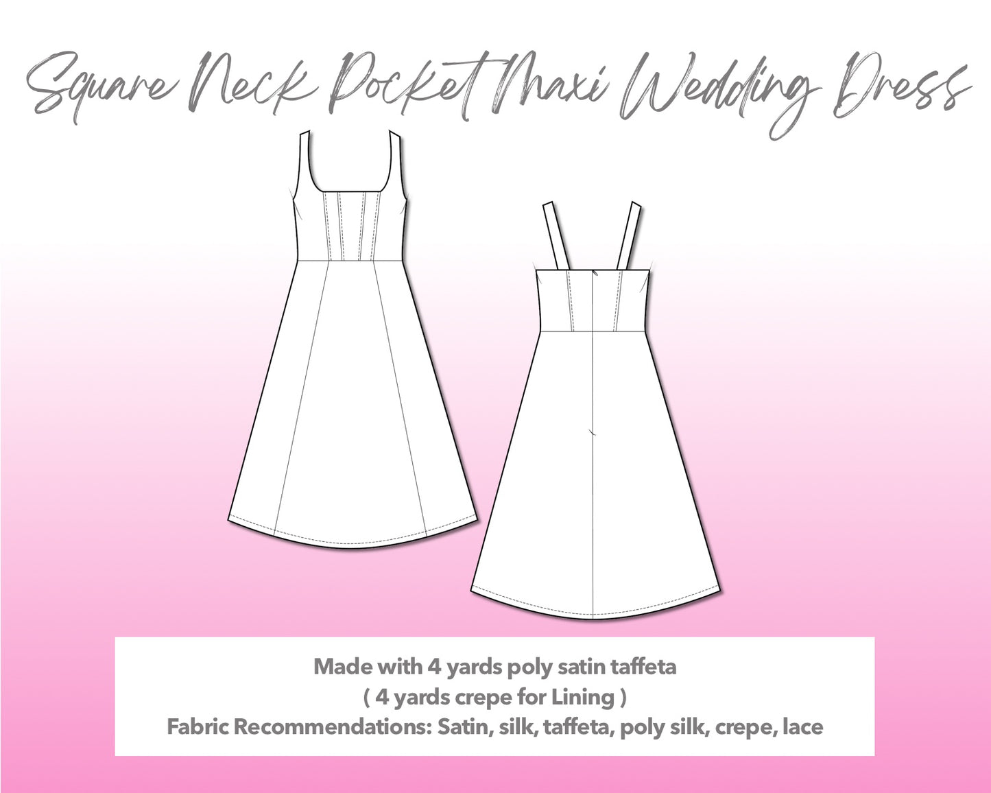 Illustration and detailed description for Square Neck Pocket Maxi Wedding Dress sewing pattern.