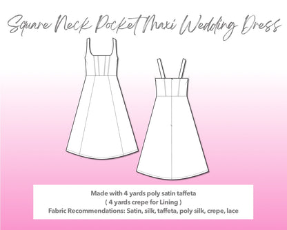 Illustration and detailed description for Square Neck Pocket Maxi Wedding Dress sewing pattern.