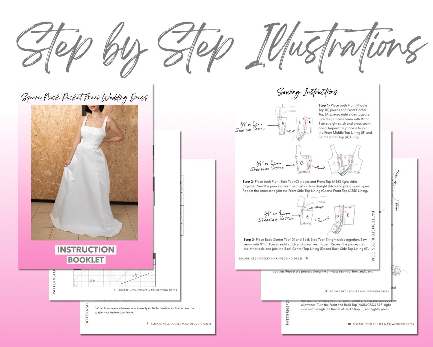 Square Neck Pocket Maxi Wedding Dress sewing pattern step by step illustrations.