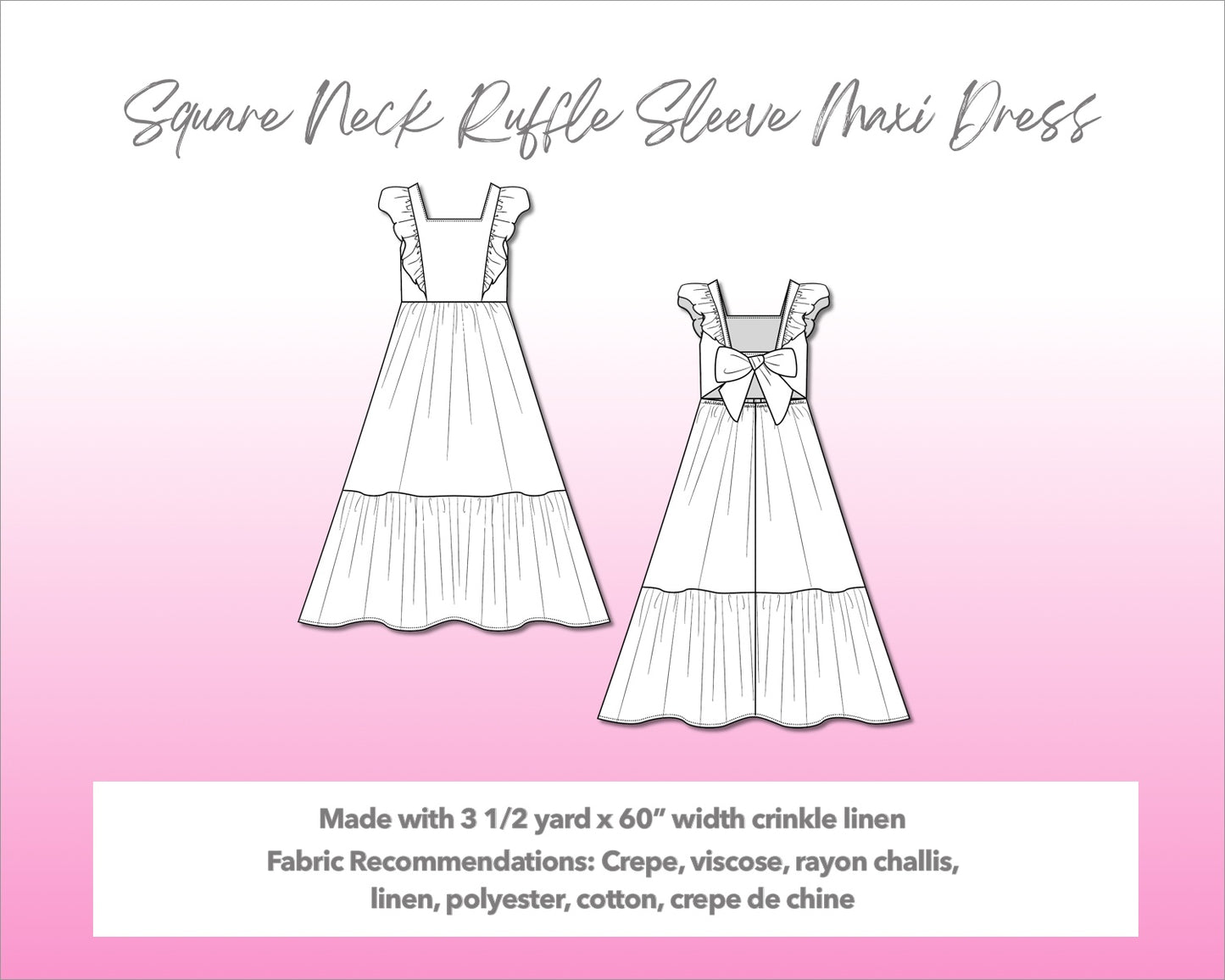 Illustration and detailed description for Square Neck Ruffled Sleeve Maxi Dress sewing pattern.