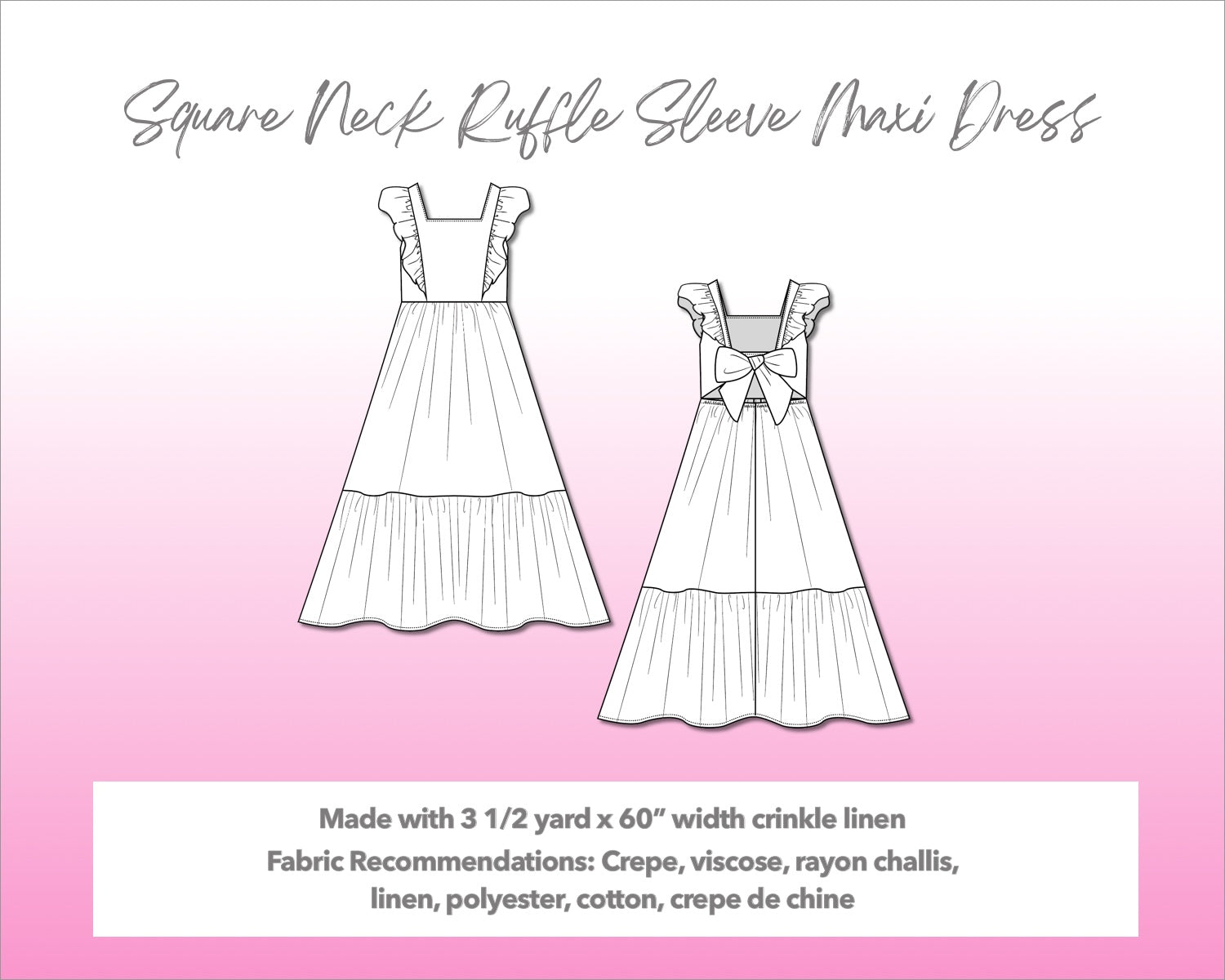 Illustration and detailed description for Square Neck Ruffled Sleeve Maxi Dress sewing pattern.