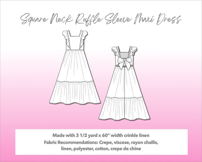 Illustration and detailed description for Square Neck Ruffled Sleeve Maxi Dress sewing pattern.