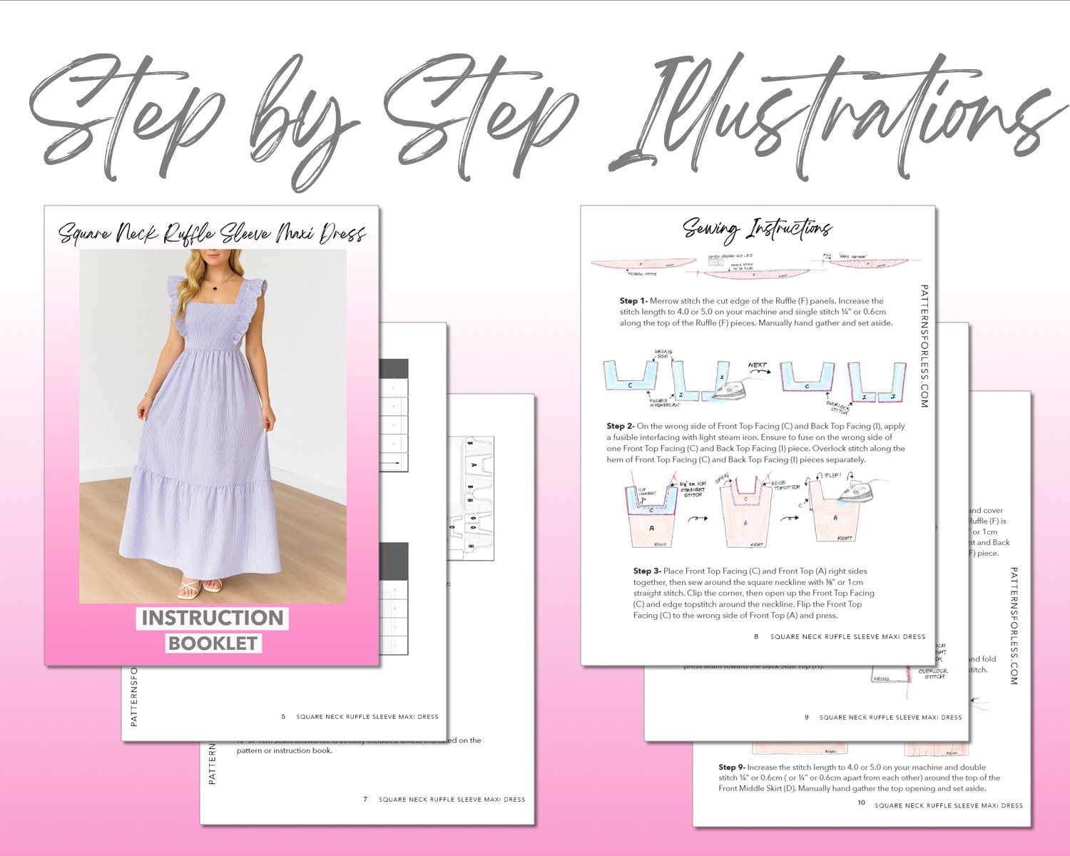 Square Neck Ruffled Sleeve Maxi Dress sewing pattern instruction booklet showing step by step illustrations to make the garment.