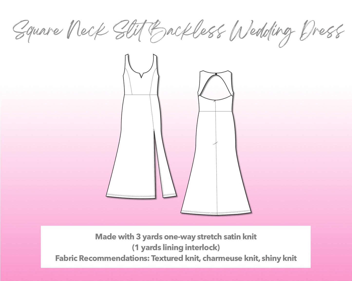 Illustration and detailed description for Square Neck Slit Backless Wedding Dress sewing pattern.