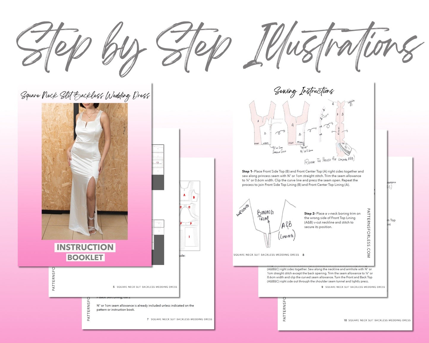 Square Neck Slit Backless Wedding Dress sewing pattern step by step illustrations.