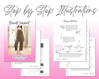 Overall Jumpsuit sewing pattern step by step illustrations.