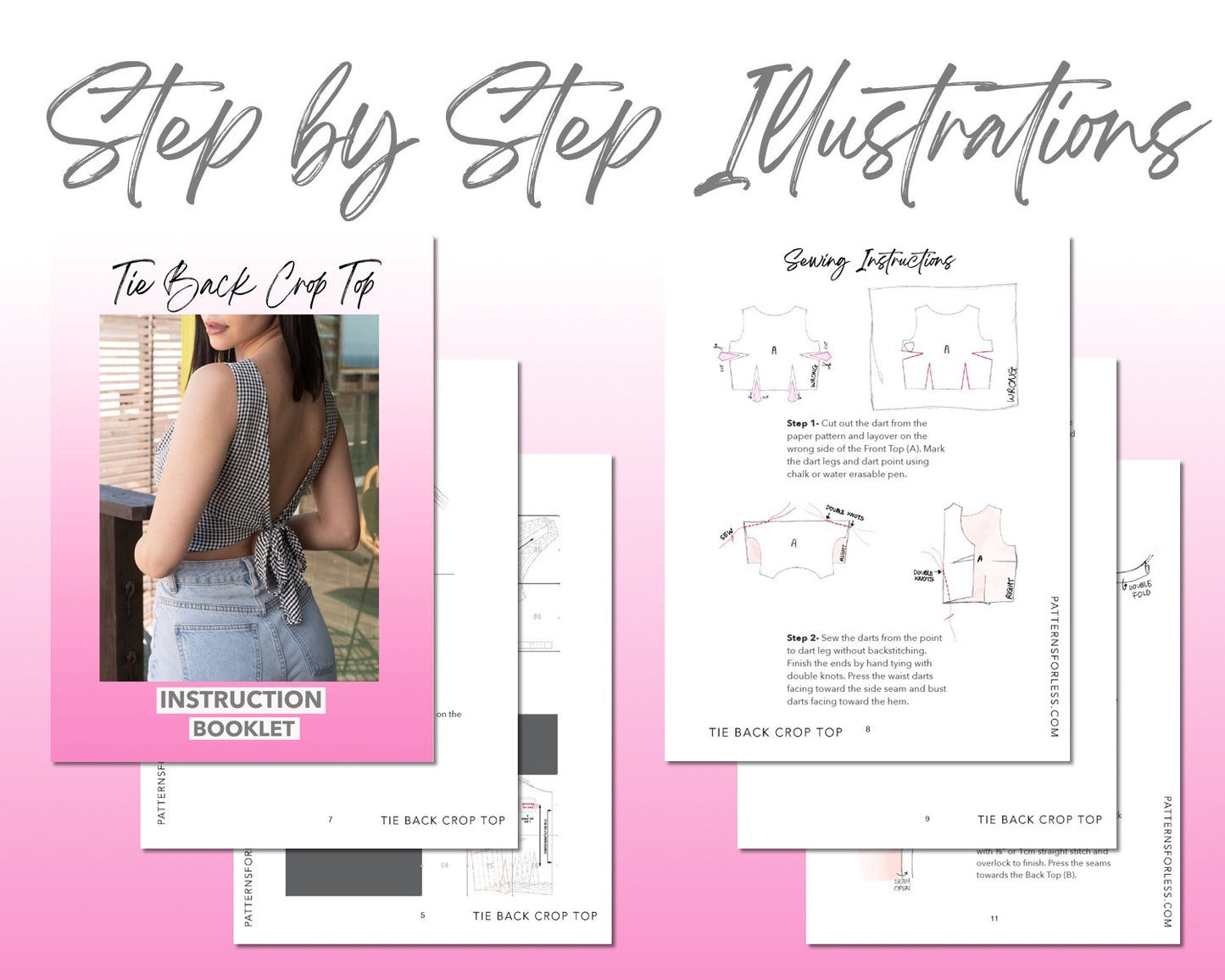 Tie Back Crop Top sewing pattern step by step illustrations.