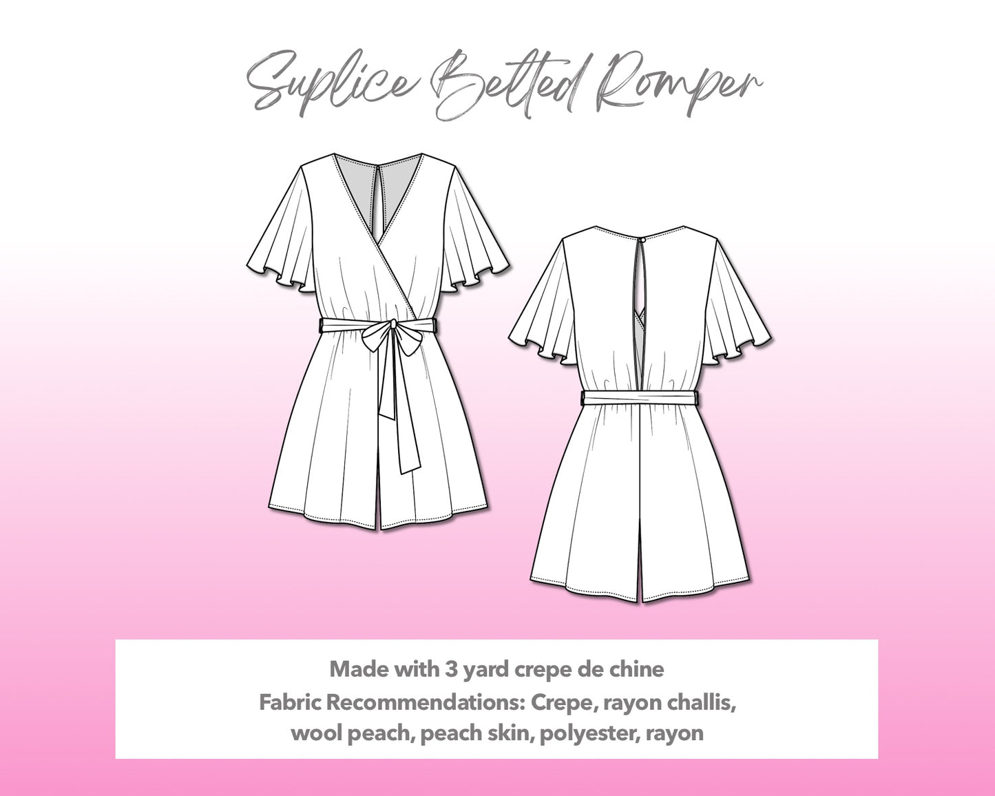 Illustration and detailed description for Surplice Belted Romper sewing pattern.