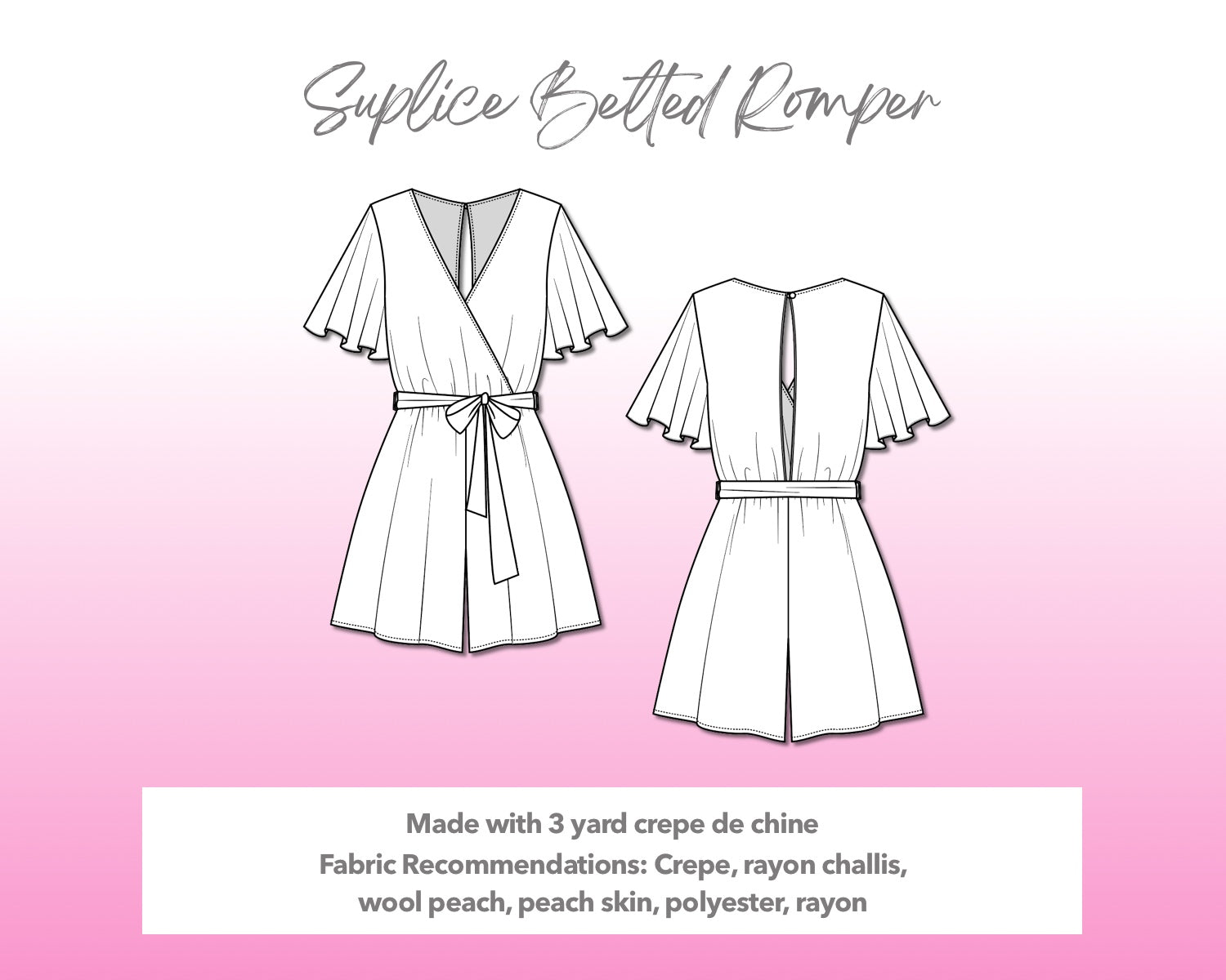 Illustration and detailed description for Surplice Belted Romper sewing pattern.