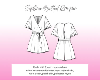 Illustration and detailed description for Surplice Belted Romper sewing pattern.