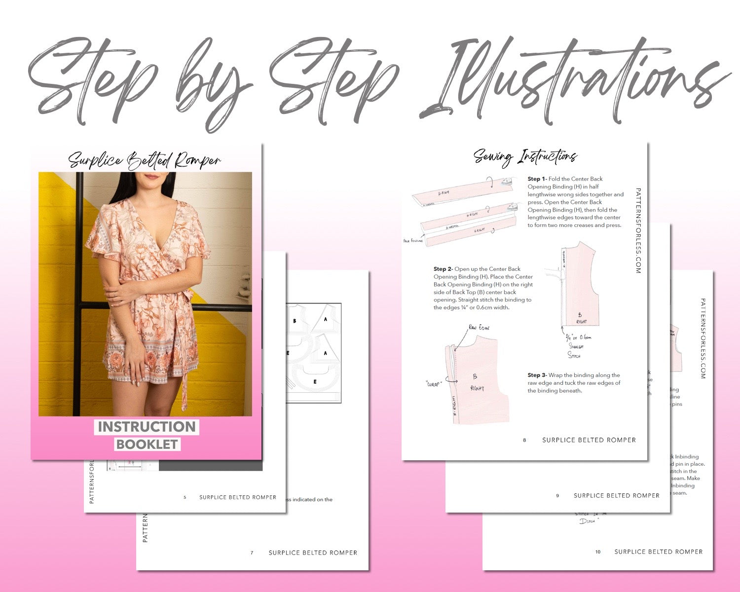 Surplice Belted Romper sewing pattern step by step illustrations.