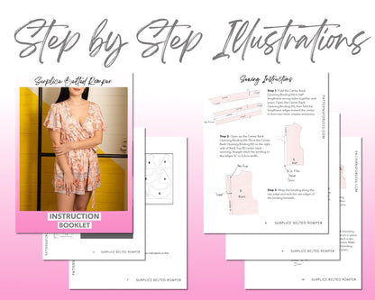 Surplice Belted Romper sewing pattern step by step illustrations.