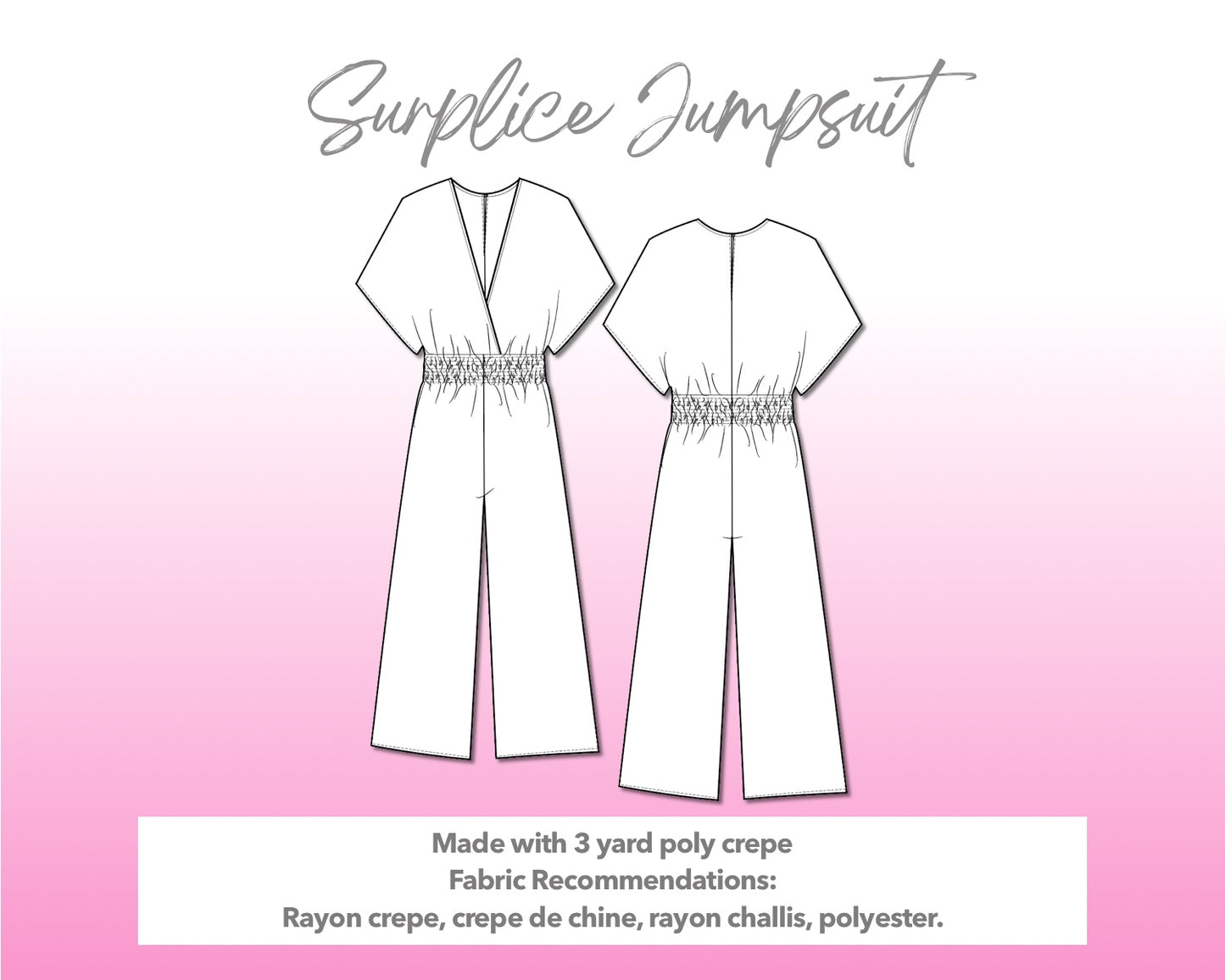Illustration and detailed description for Surplice Jumpsuit sewing pattern.