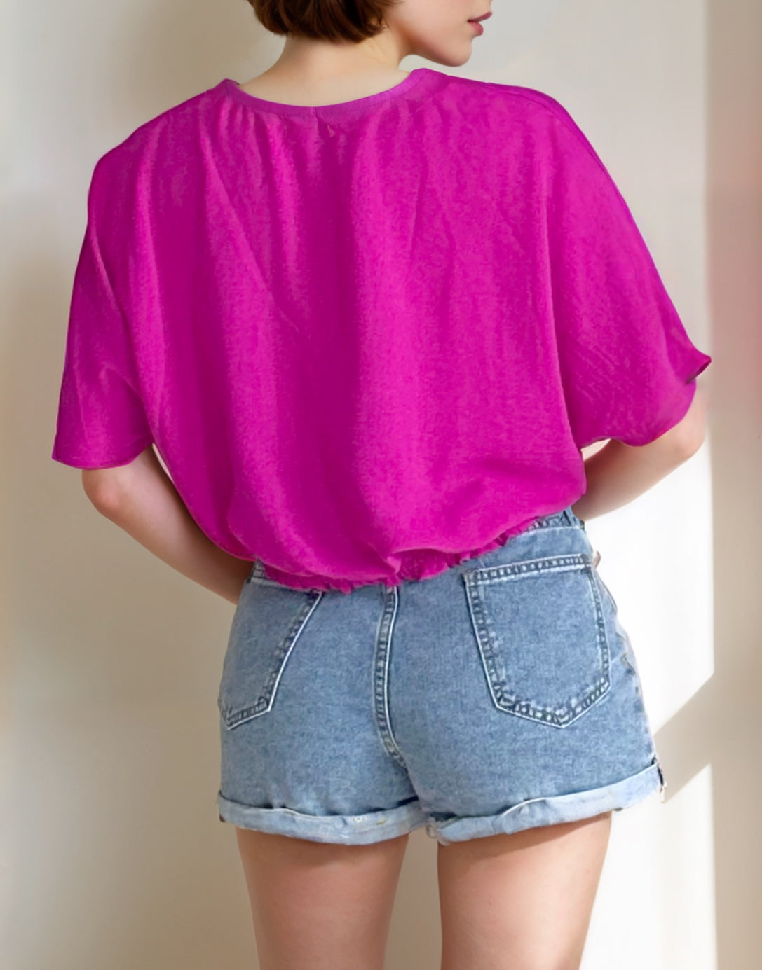 Back view of Surplice Kimono Sleeve Crop Blouse.