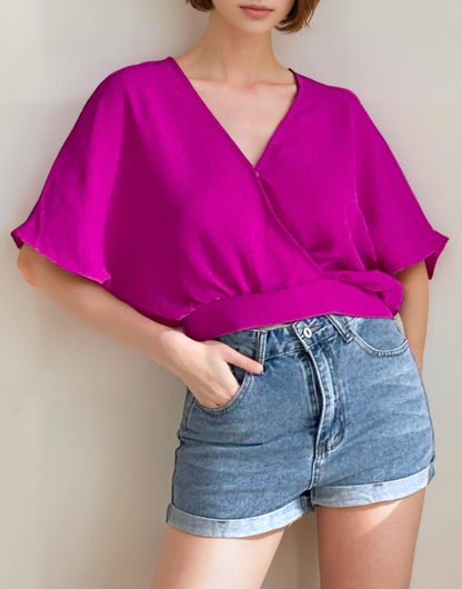 Front view of Surplice Kimono Sleeve Crop Blouse.