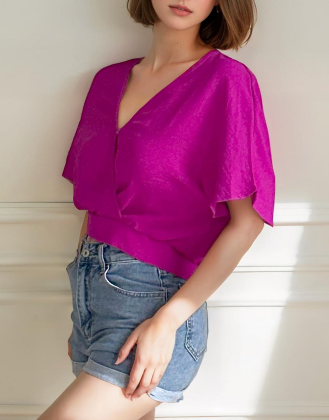 Side view of Surplice Kimono Sleeve Crop Blouse.