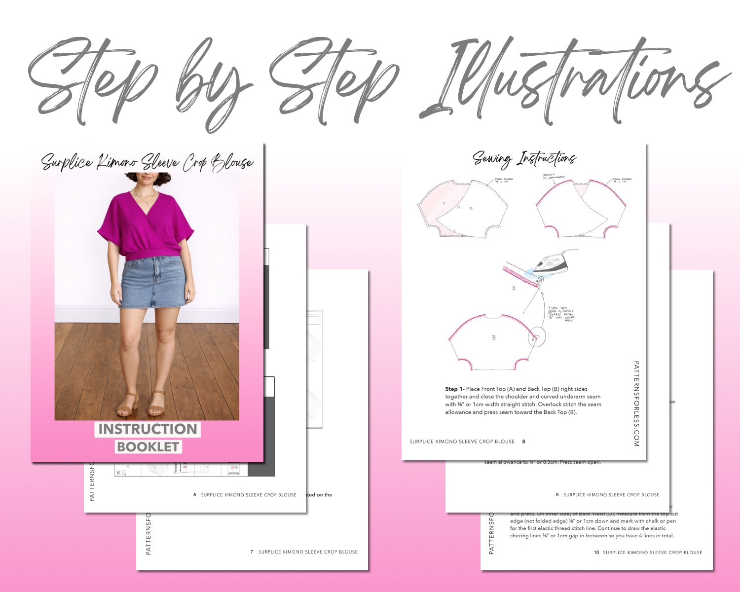 Surplice Kimono Sleeve Crop Blouse sewing pattern instruction booklet showing step by step illustrations to make the garment.