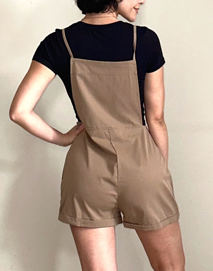 Back view of Suspender Rolled Hem Overall Romper.