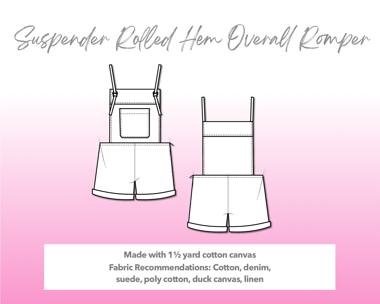 Illustration and detailed description for Suspender Rolled Hem Overall Romper sewing pattern.