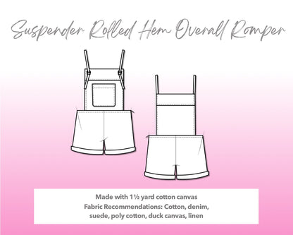 Illustration and detailed description for Suspender Rolled Hem Overall Romper sewing pattern.