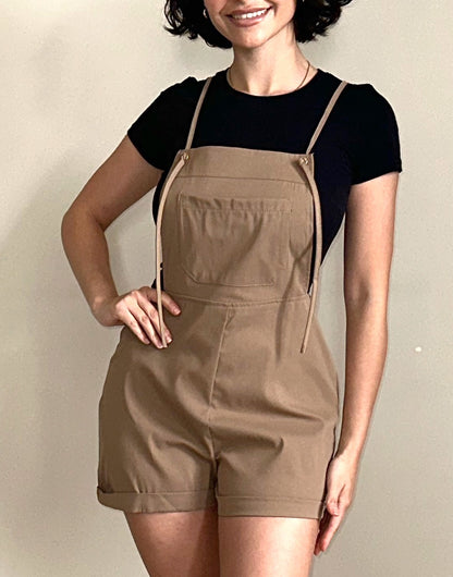 Closeup of Suspender Rolled Hem Overall Romper.