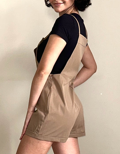 Side view of Suspender Rolled Hem Overall Romper.