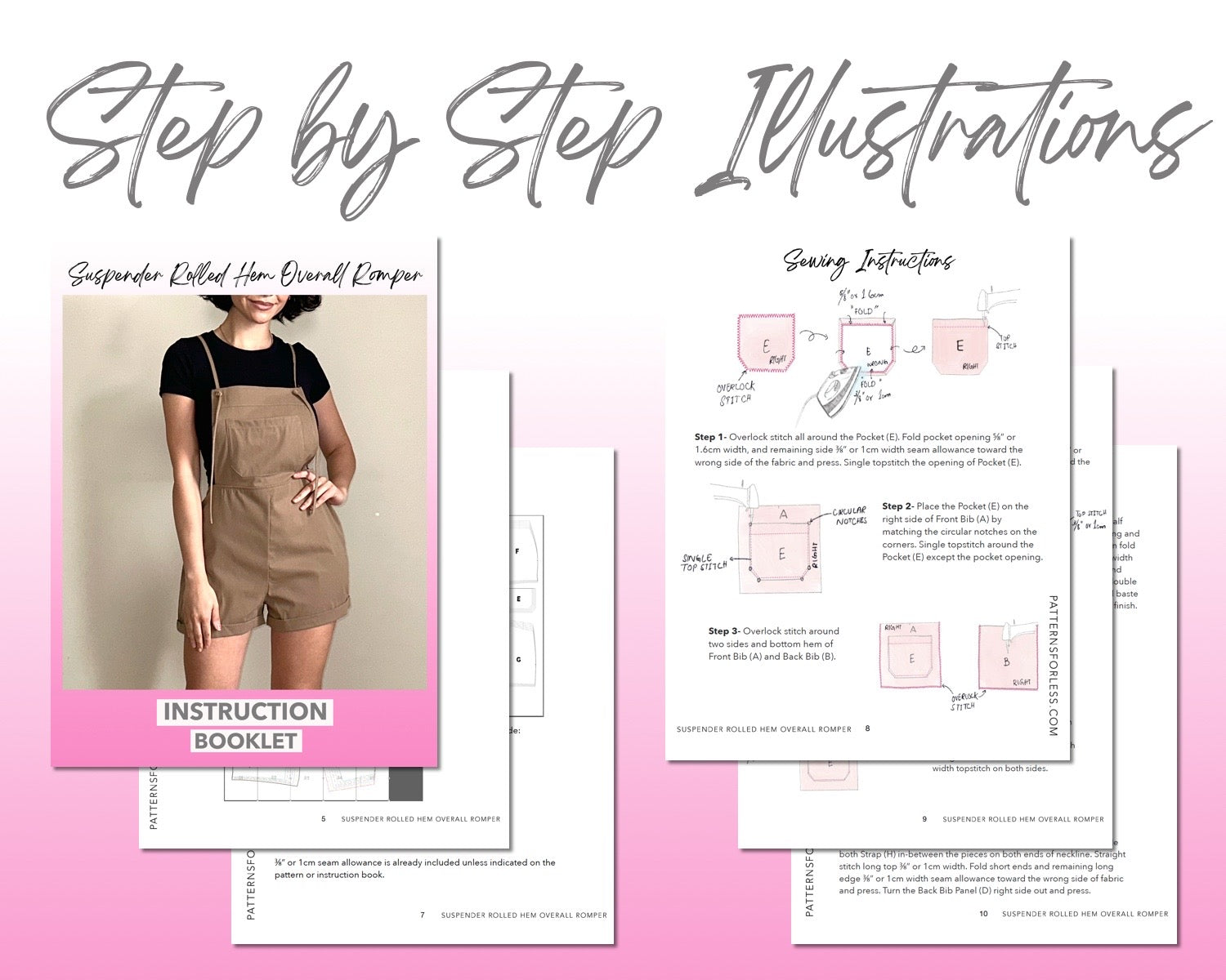 Suspender Rolled Hem Overall Romper sewing pattern step by step illustrations.