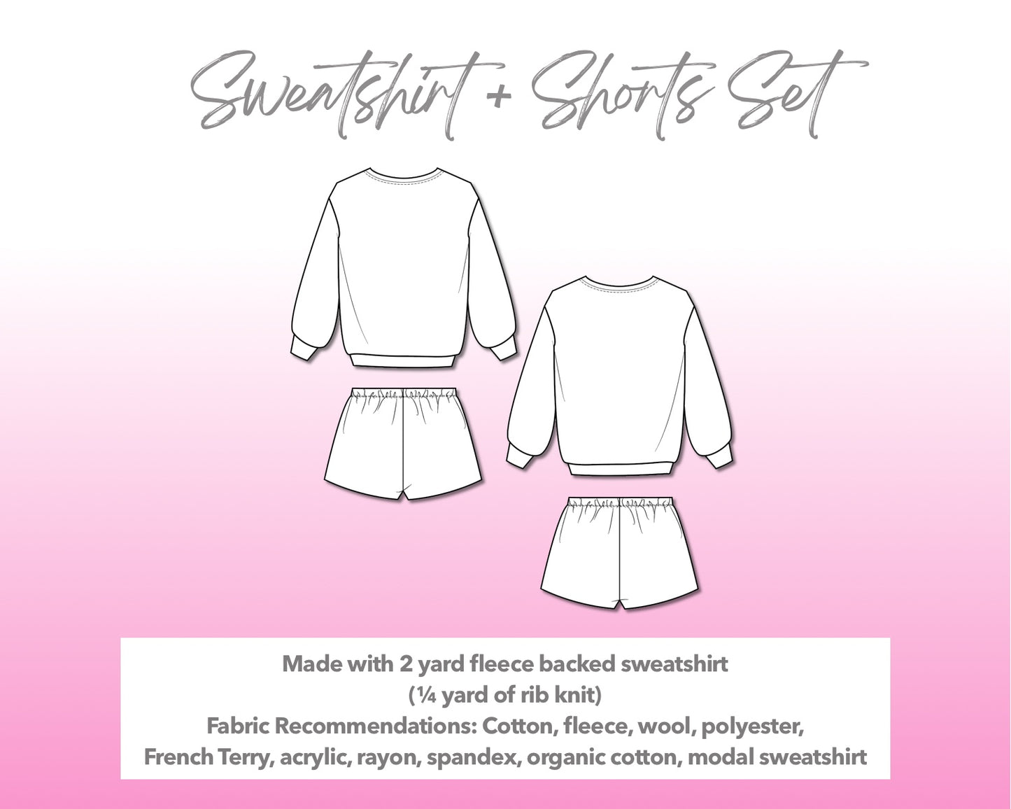 Illustration and detailed description for Sweatshirt and Shorts Set sewing pattern.