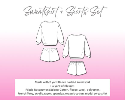 Illustration and detailed description for Sweatshirt and Shorts Set sewing pattern.