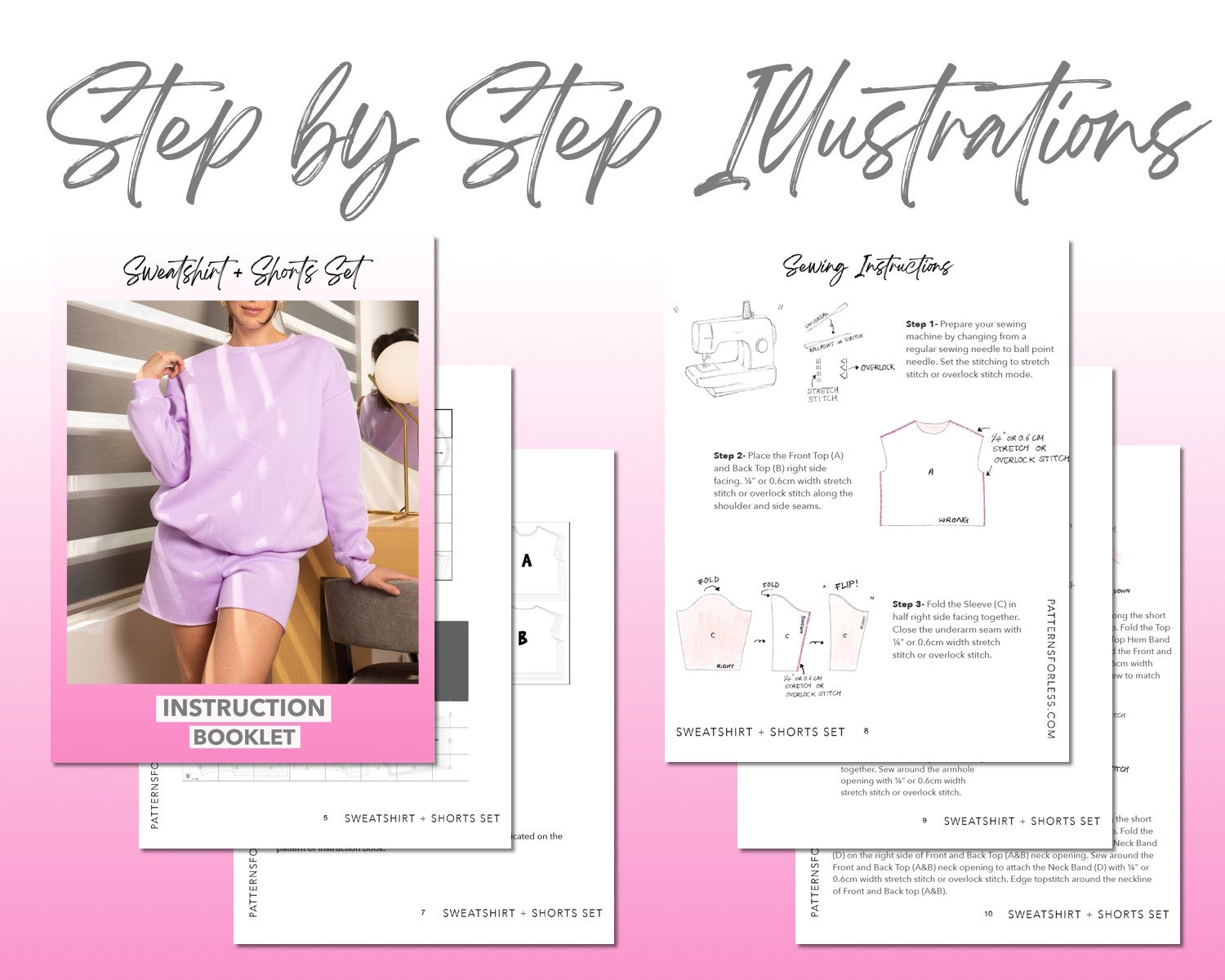 Sweatshirt and Shorts Set sewing pattern step by step illustrations.