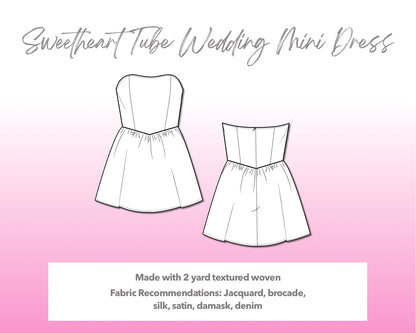 Illustration and detailed description for Sweetheart Tube Wedding Mini Dress sewing pattern.