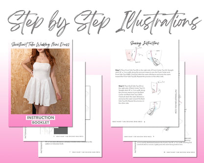 Sweetheart Tube Wedding Mini Dress sewing pattern step by step illustrations.