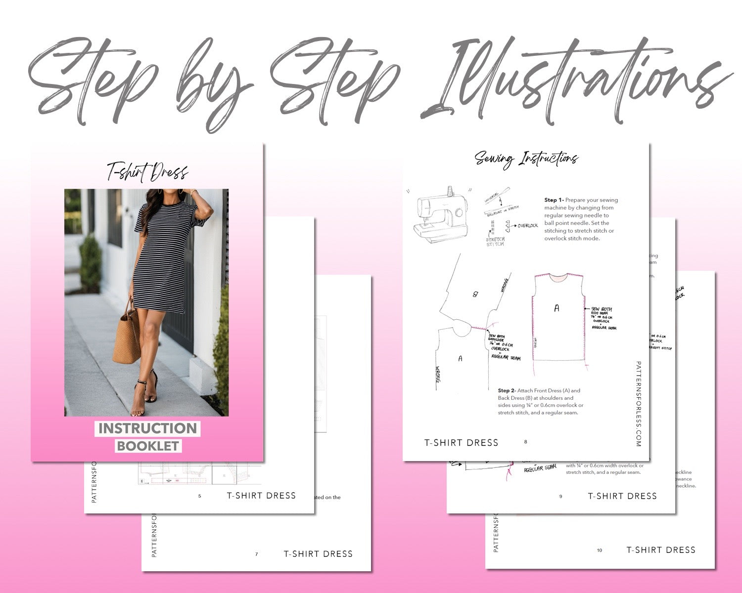 T-Shirt Dress sewing pattern step by step illustrations.