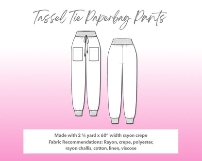 Illustration and detailed description for Tassel Tie Paperbag Pants sewing pattern.