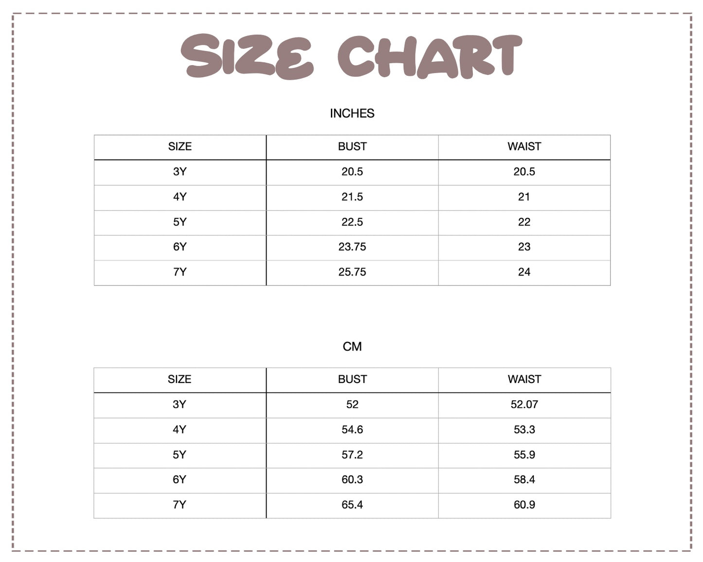 Patterns For Kidz size chart.