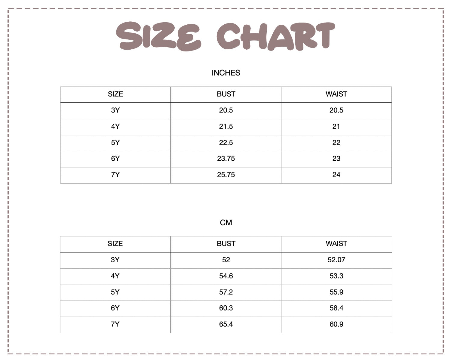 Patterns For Kidz size chart.