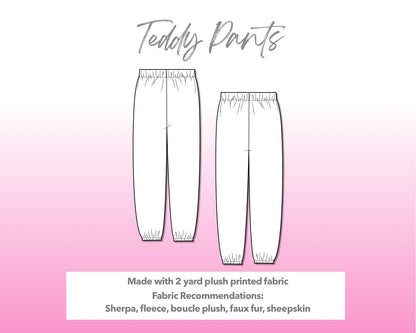 Illustration and detailed description for Teddy Pants sewing pattern.