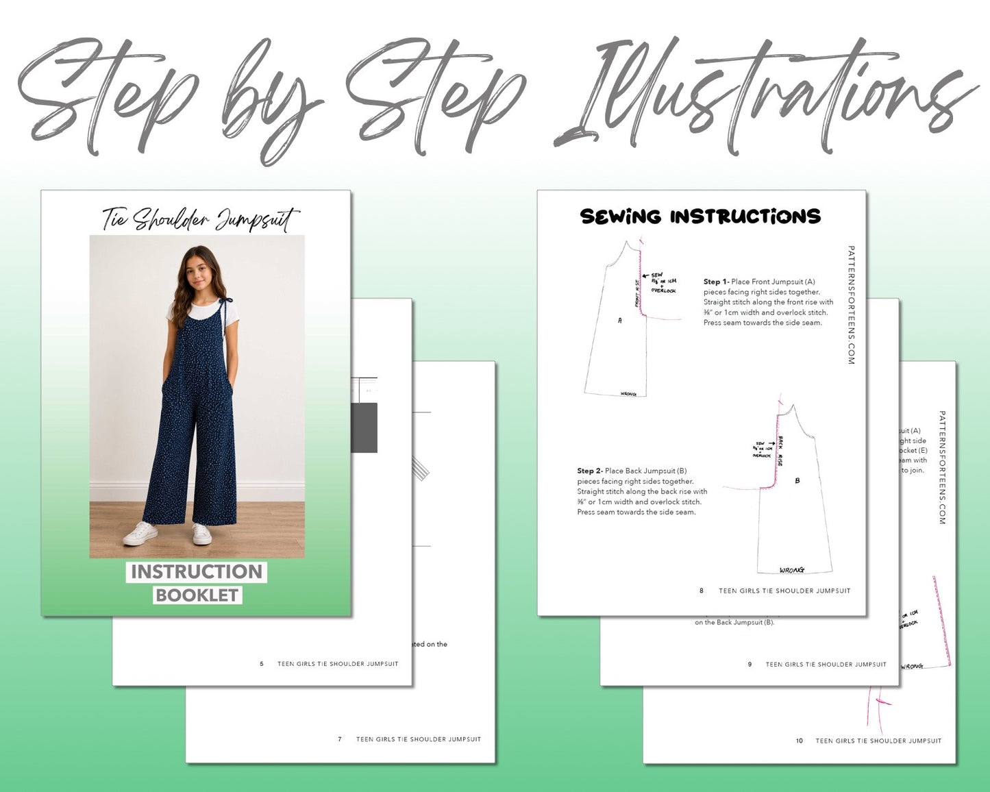 Teen Girls Tie Shoulder Jumpsuit sewing pattern instruction booklet showing step by step illustrations to make the garment.