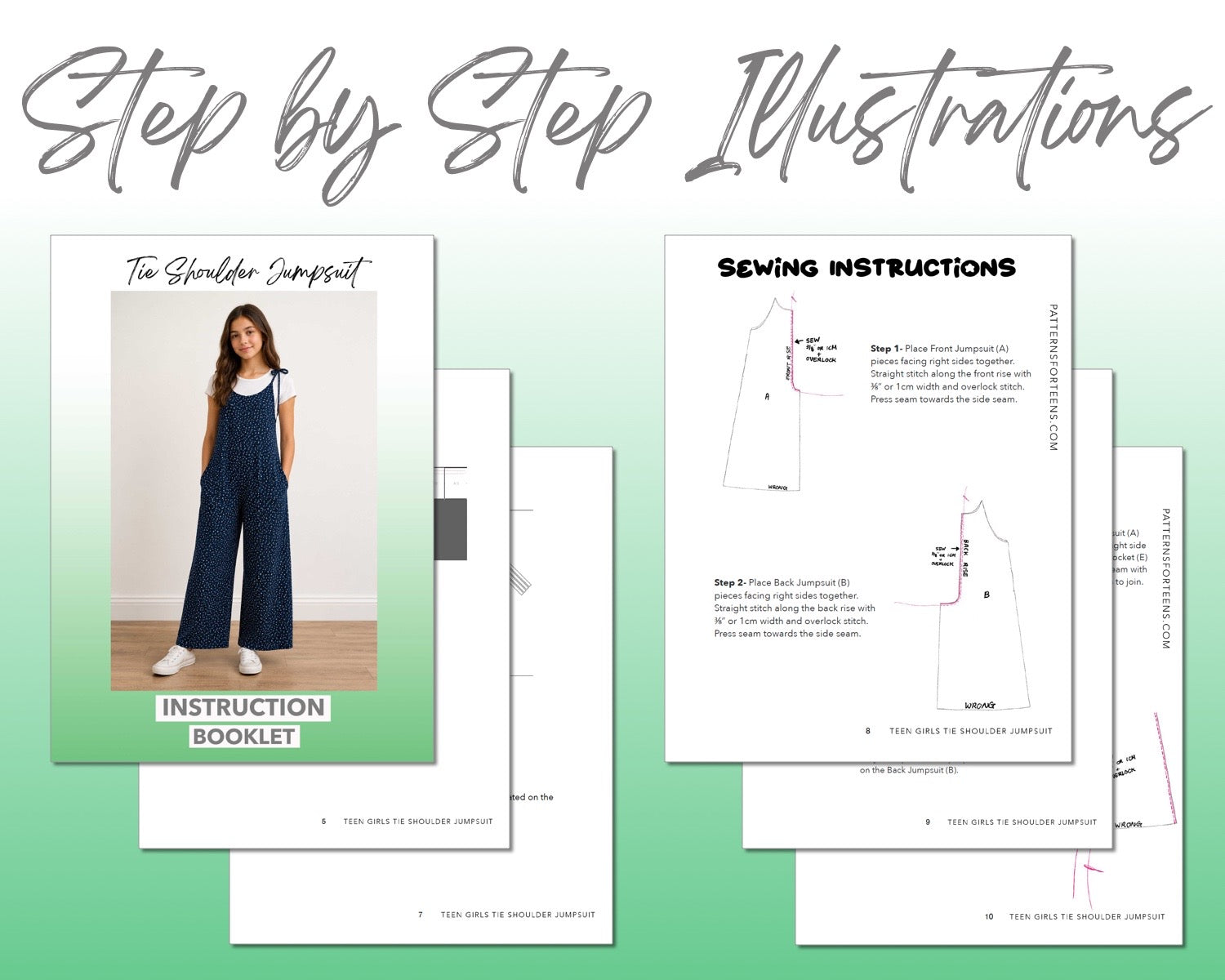 Teen Girls Tie Shoulder Jumpsuit sewing pattern instruction booklet showing step by step illustrations to make the garment.