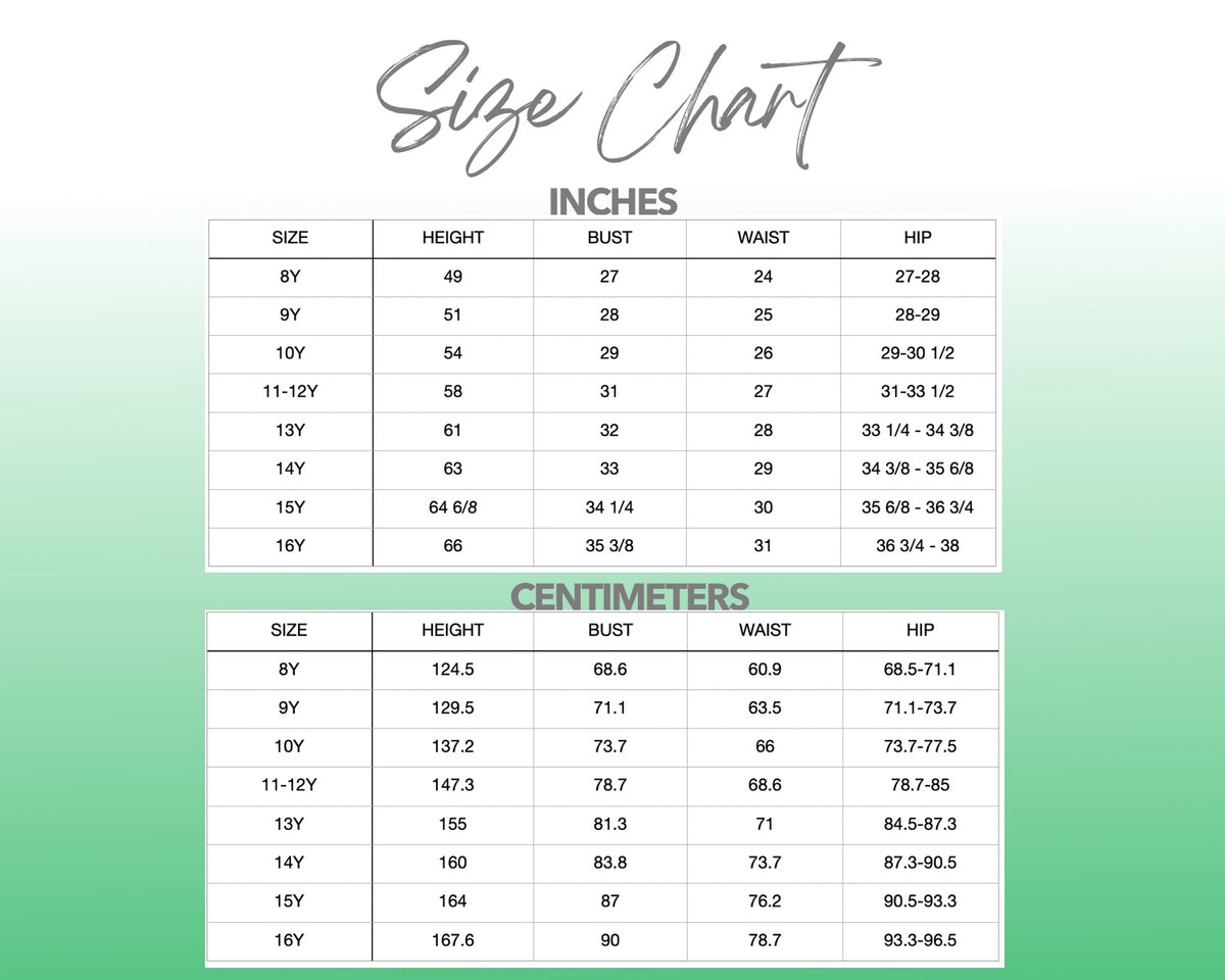Patterns For Teens 8Y-16Y size chart.