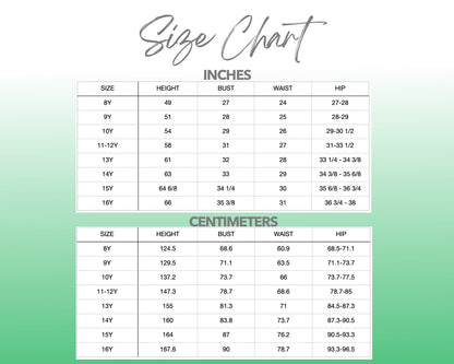 Patterns For Teens 8Y-16Y size chart.