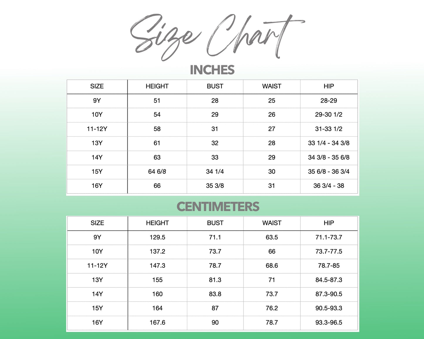 Patterns For Teens 9Y-16Y size chart.