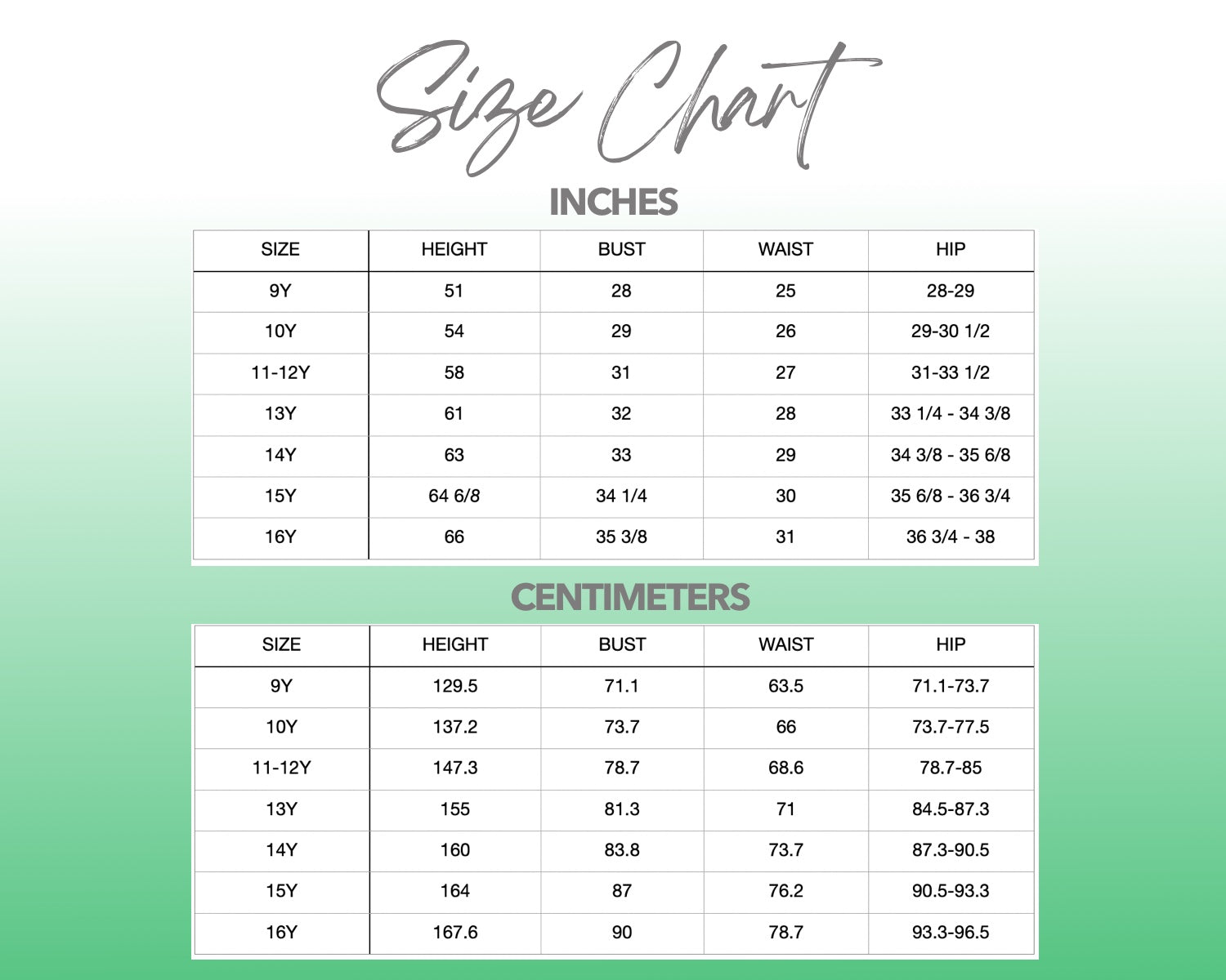 Patterns For Teens 9Y-16Y size chart.