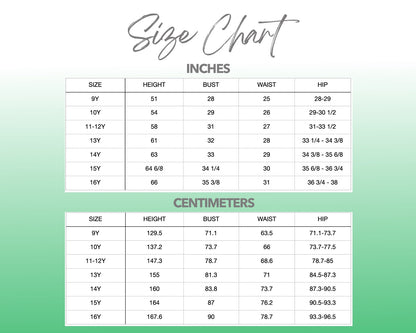 Patterns For Teens 9Y-16Y size chart.