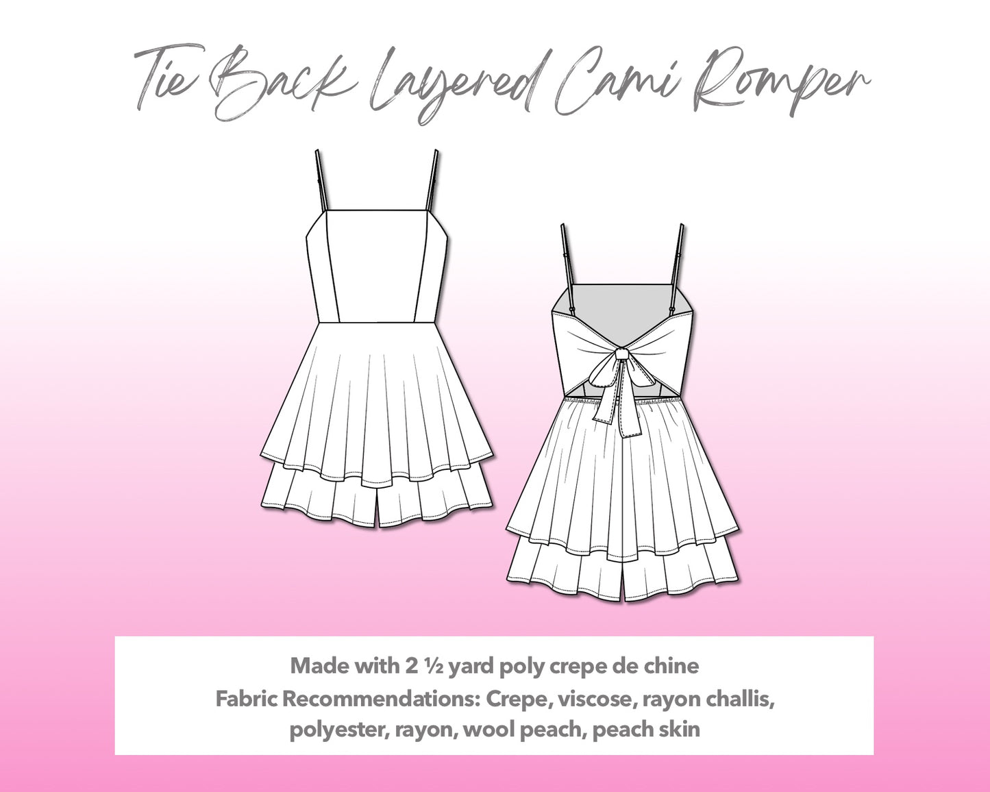 Illustration and detailed description for Tie Back Layered Cami Romper sewing pattern.