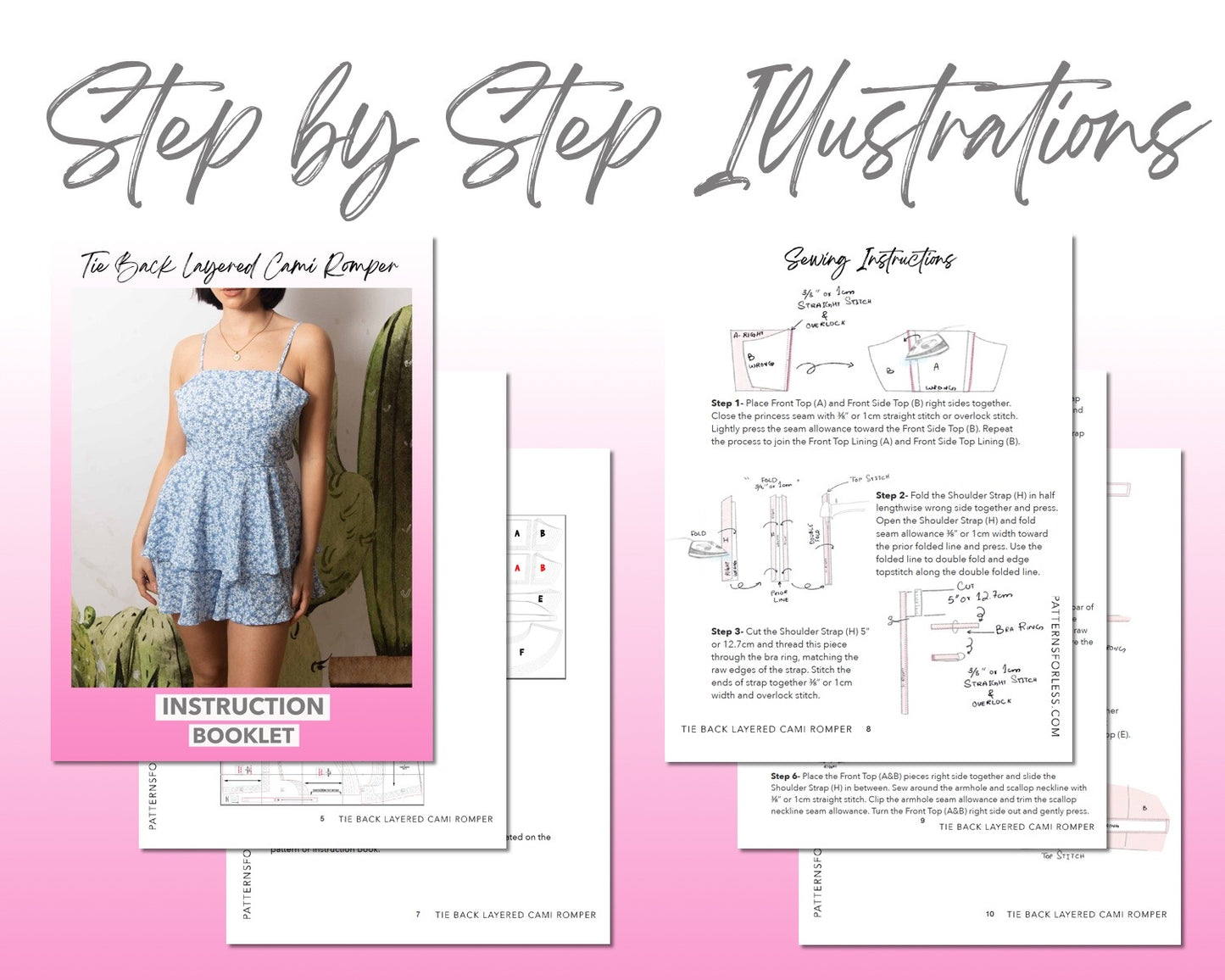 Tie Back Layered Cami Romper sewing pattern step by step illustrations.